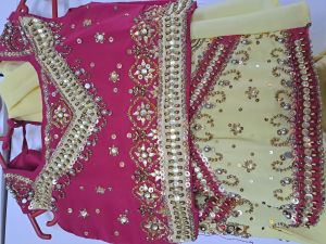 Kids Costumes to Hire - Indian - Cerise pink top, yellow pants, yellow scarf = 3 pce